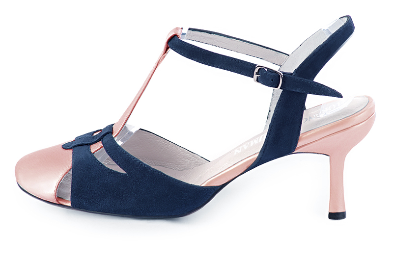 Powder pink and navy blue women's open back T-strap shoes. Round toe. High slim heel. Profile view - Florence KOOIJMAN